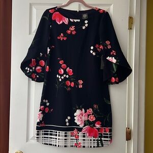 Vince Camuto Navy and Red Floral Long Sleeve Dress